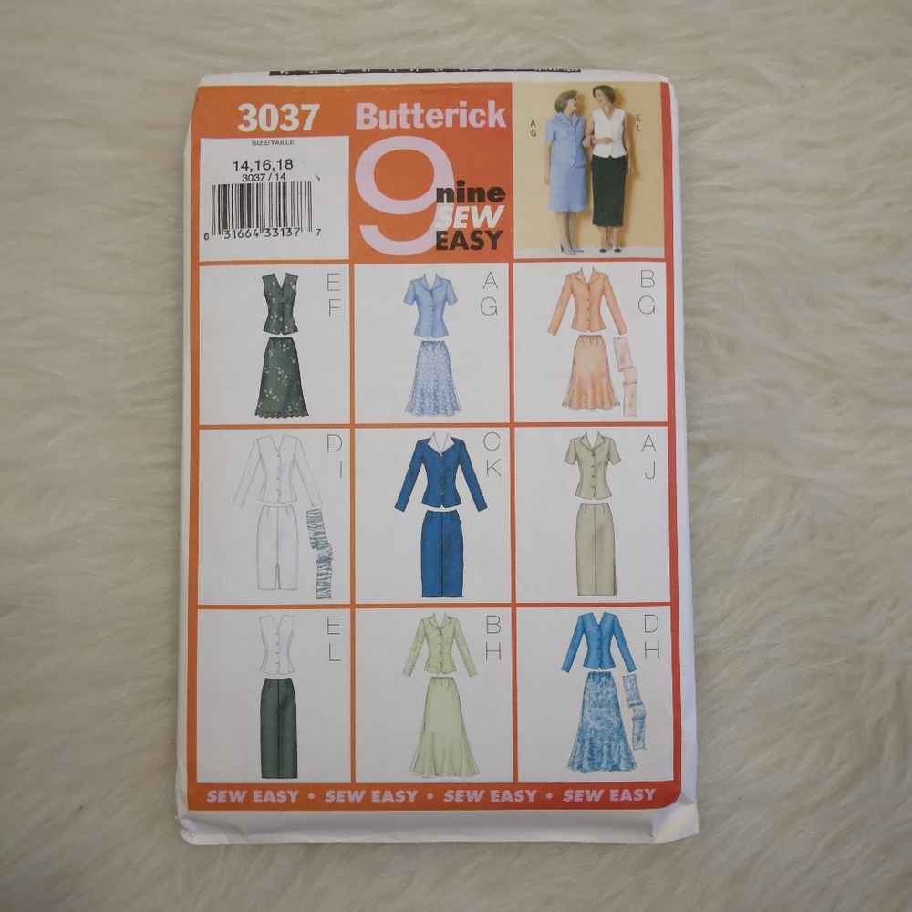 BUTTERICK 3037 Sz 14-16-18 Nine Sew Easy, EASY Top Skirt & Scarf In Variations